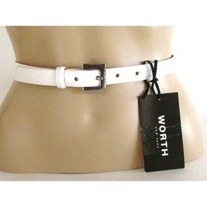 Worth N Y White Karung Silver Tone Square Buckle 1" Designer Skinny Belt Large